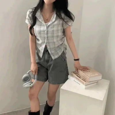 셔링 남방 빈티지 체크 블라우스 여자 긴팔 셔츠