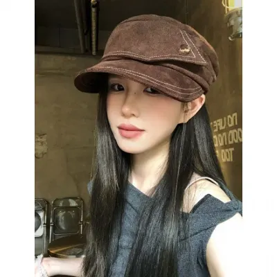 여성 빈티지 스웨이드 플랫탑 주름 승마모 큰머리용 뉴스보이 베레모