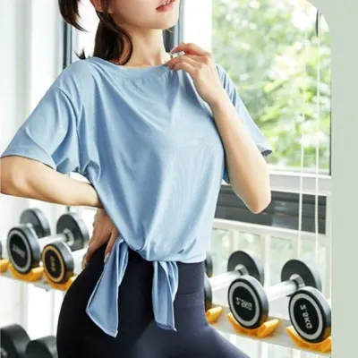 묶는 롤링상의 트임반팔 운동 요가탑 힙커버 상의 요가복