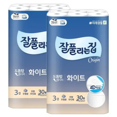 잘풀리는집 화이트 3겹 화장지 두루마리 휴지 30롤 2팩