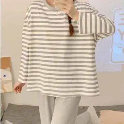 스트라이트 라운드 긴팔 긴바지 파자마 세트 페미닌룩 데일리룩