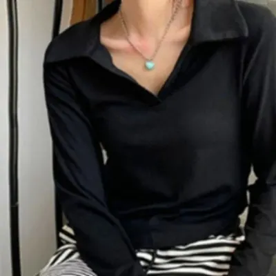 골지 브이넥 카라 티셔츠 간절기 긴팔 상의