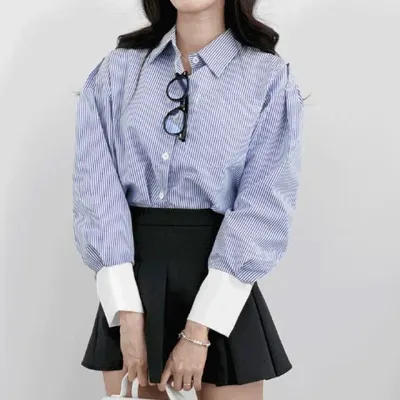 배색 스트라이프 크롭 남방 셔츠 블라우스 여성스트라이프셔츠 여자크롭셔츠