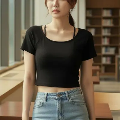 내장캡 슬림 여름 반팔 끈 유넥 크롭탑 여성 요가복 상의