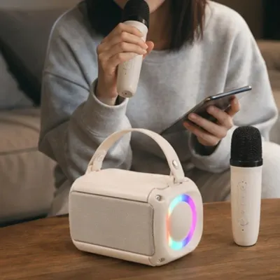 무선 블루투스 미니 마이크 스피커 듀엣 노래방 RGB 조명 휴대용