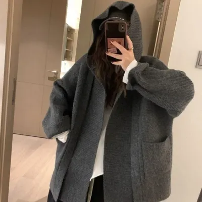 오버핏 니트 후드가디건 데일리 루즈핏 후드 집업 니트웨어