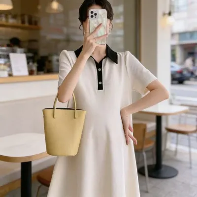 임산부 원피스 미디 카라 배색 단추 출산 전후 데일리 외출복 임부복
