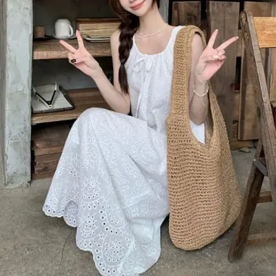 롱원피스 여성 민소매 펀칭 스트링 리본 여름 홈웨어 원피스