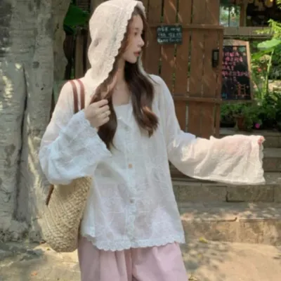 플라워 여름 긴팔 아우터 시스루 가디건 후드 패션 가디건 자수 여성