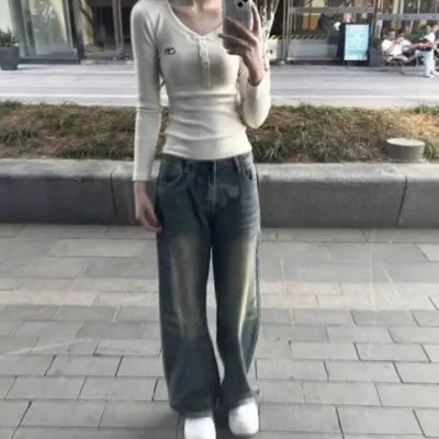 아이보리 골지 헨리넥 긴팔 슬림핏 티셔츠