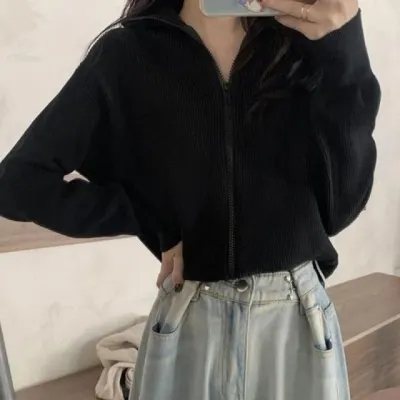 여성 크롭 가디건 카라 집업 니트 집업웨어 파자마 룩 데일리 니트웨어