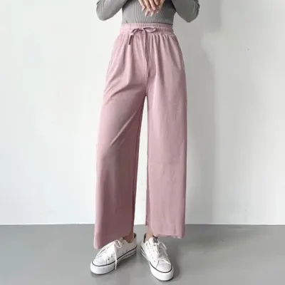 여성 세로 골지 와이드 밴딩 팬츠 1P 허리 스트링 편한 데일리 바지