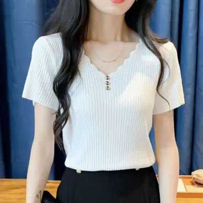 LND (당일출고) 모던앤리브 여성 반팔 골지 니트티 티셔츠 반팔티셔츠 여름