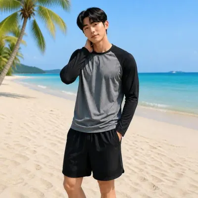 블랙 남자 남성 반바지 세트 래글런 배색 여름 래쉬가드 그레이 레쉬가드 긴팔 수영복