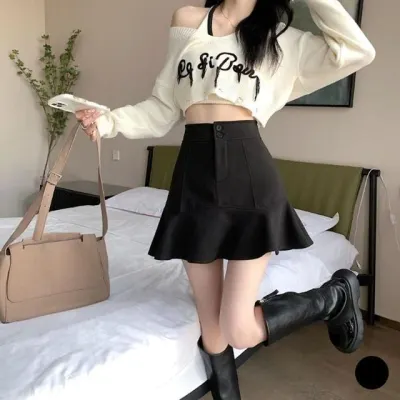 블랙 하이웨스트 투단추 물결 프릴 속바지 스커트