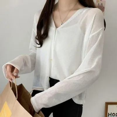 패션스타일 얇은 가디건 여름 단추 캐주얼 시스루가디건 아우터 여성가디건 얇은가디건 여름