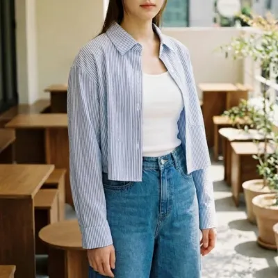 여름 살안타템 루즈핏 시어서커셔츠 스트라이프 지지미 벌룬 크롭 긴팔 셔츠 블라우스