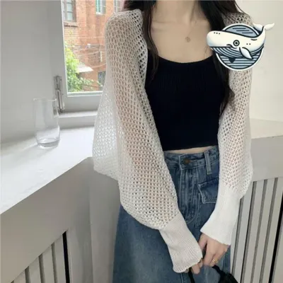 여자 여름 볼레로 스타일 니트 카디건 레이스 볼레로 루즈핏 교복 용 비치로브 그물 롱 니트 크롭