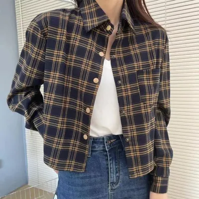 네이비체크 가을자켓 오버핏 여성셔츠 루즈핏크롭 긴팔체크 크롭티 여성의류 예쁜셔츠 캐쥬얼