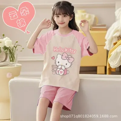 아동잠옷 [구름 면 원단]여름 여아 반소매 반바지 잠옷 홈웨어 중대형 아동 캐릭터 홈웨어 6
