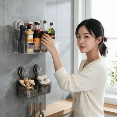 주방 욕실 선반 흡착식 바구니 화장실 부엌 거치대 벽걸이 정리함 수납용품