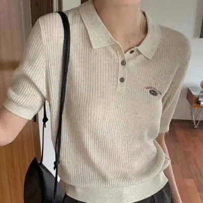 여성 골지 카라 반팔 니트티 슬림핏 버튼 카라티 데일리 캐주얼 여름 니트 상의