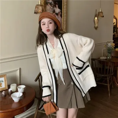 노버튼 배색 니트 롱 가디건 ERD-421