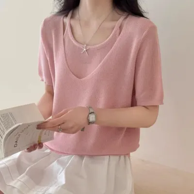 [위드기프트] 착한가격 레이어드 청순 브이넥 반팔니트