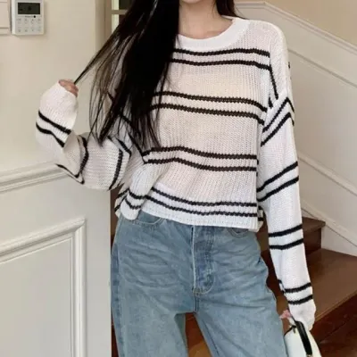 루즈핏 스트라이프 시스루 니트 2color 망사 여름 물놀이