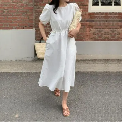 여성 여름 퍼프소매 원피스 화이트 루즈핏 롱원피스 코튼 휴양지 썸머