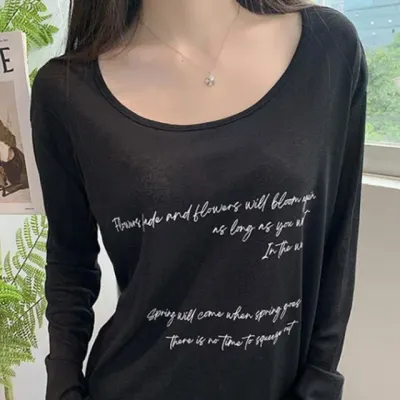 검정티셔츠 여성긴팔티 오버핏 긴팔티셔츠 루즈핏 라운드 여자 여성상의 기본 여성