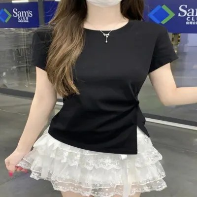 3컬러 여름 데일리 꼬임 포인트 큐빅장식 반팔티셔츠