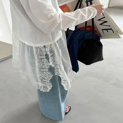 리브가제이 무지 여자 여성 화이트 긴팔 레이스 레이어드 티셔츠 원피스 빅사이즈 봄 여름 가을 사계절