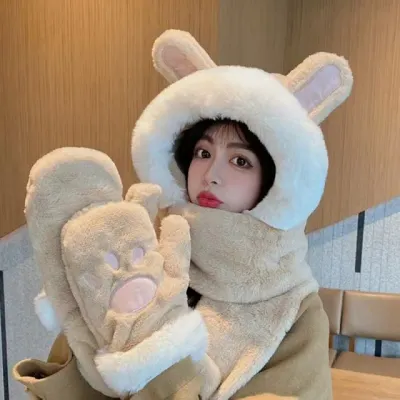 바라클라바 후드워머 토끼 귀 모양 퍼 넥워머 동물 모자 겨울 방한 용품