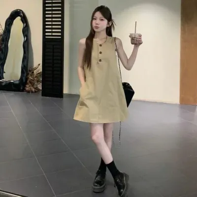 캐주얼 여름 민소매 미니 원피스 버튼 나시 A라인 플레어