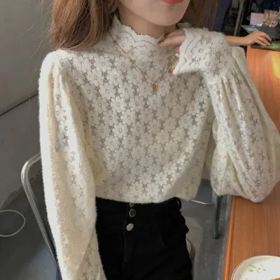 시스루 레이스 반목 긴팔 러블리 블라우스 망사 레이스티셔츠