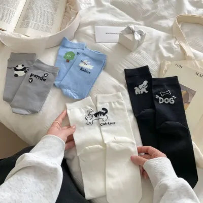 애니멀 패턴 동물 비비드 컬러 팬더 고양이 강아지 양말 삭스 발목 중목 레트로 키치한 니삭스