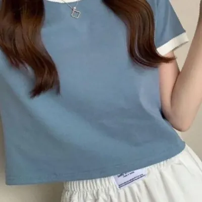 여성 여름 라운드 기본 크롭 반팔 티 셔츠 블루