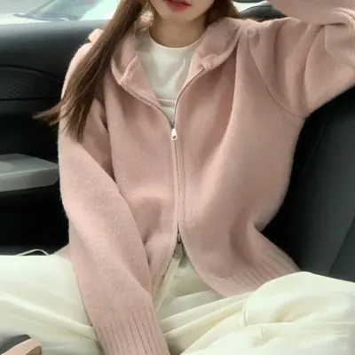 여성 투웨이 집업 후드 베이직 니트 가디건 아우터 0421
