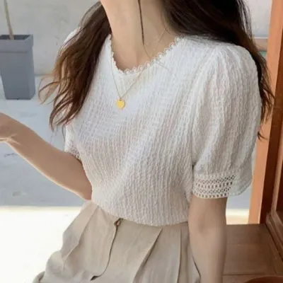 여성 펀칭 레이스 여름 시원한 반팔 블라우스