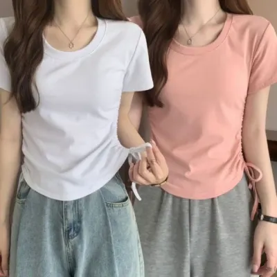 반팔 셔링 티셔츠 U넥 세미 크롭탑 발레코어룩 실켓 언더웨어 티