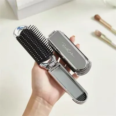 휴대용 접이식 머리 빗 접이식 헤어 브러쉬 2in1 슬라이딩 여행용 마사지 거울 쿠션 포켓