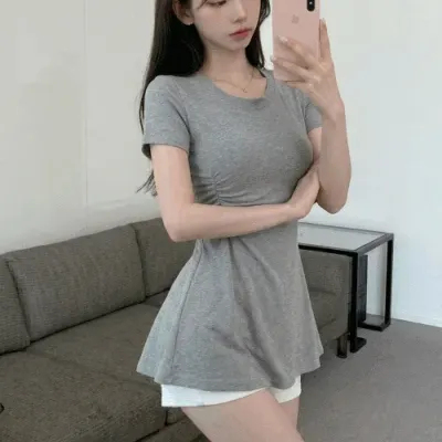 슬림핏 A라인 허리셔링 골지스판 데일리 반팔 티셔츠