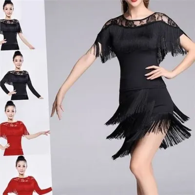 여성 댄스복 연습복 여성 라틴 댄스복 폴리에스터 레이스 밸리 반팔 프릴