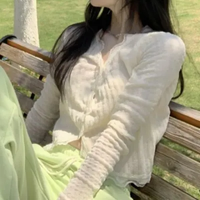 가디건 실내 에어컨 크롭 긴팔 예쁜 여성 레이스