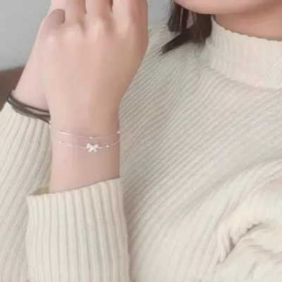 여성 실버 리본 포인트 레이어드 팔찌 데일리 캐주얼 선물용
