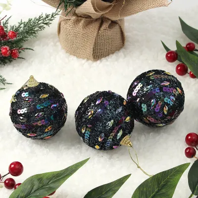 다크블루 글리터 장식볼 3p(8cm) (큐빅&스팽글)