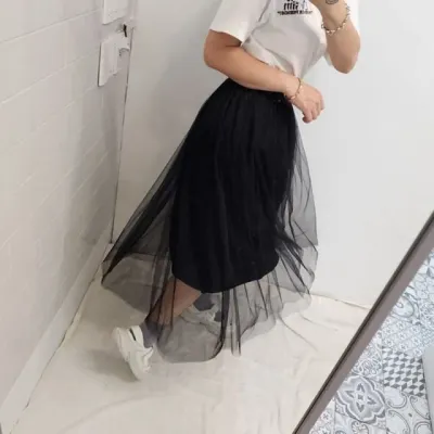 블랙 롱치마 여성 샤스커트 망사 플레어 스커트