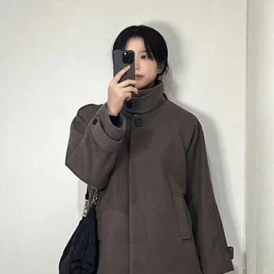 여성 모직 하프 자켓 레글런 카라 반코트 블랙 오버핏 아우터