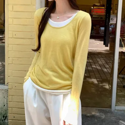 LND(당일출고) 여성 투톤 레이어드 긴팔티 루즈핏 라운드넥 데일리 티셔츠